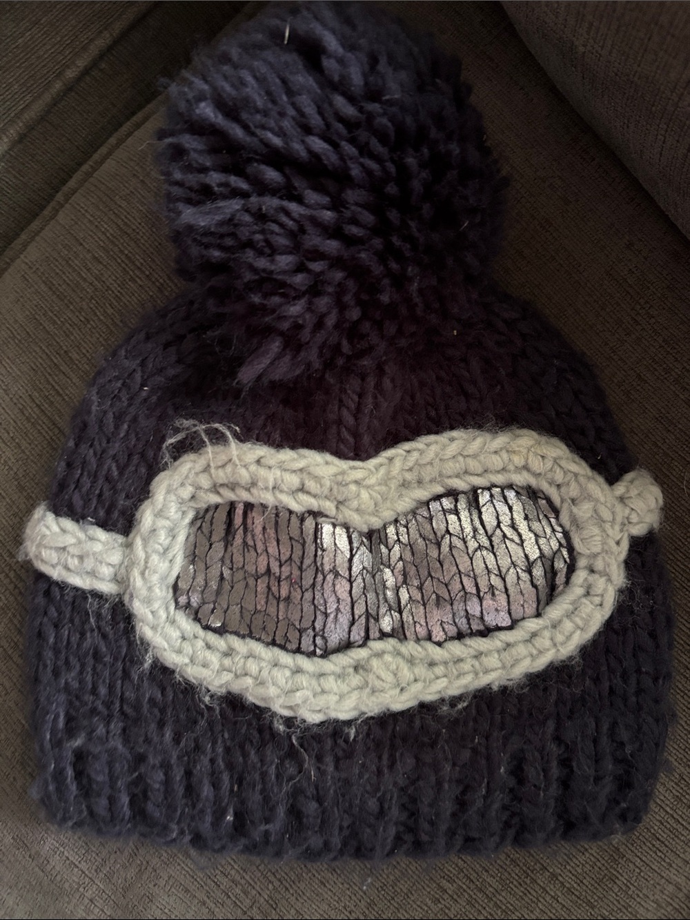 Kids navy  Knit Pom Hat with silver Sequin Goggle Accent